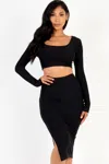 Truedames Women's Ribbed Long Sleeve Crop Top & Skirt Set In Black