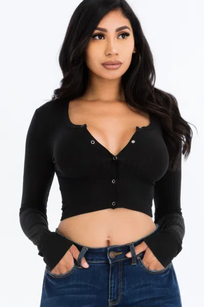 Truedames Women's Ribbed Long Sleeve Snap Button Down Crop Top In Black