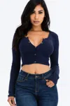 Truedames Women's Ribbed Long Sleeve Snap Button Down Crop Top In Blue