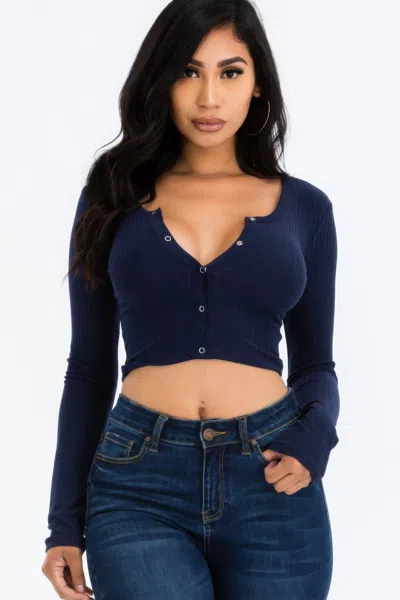 Truedames Women's Ribbed Long Sleeve Snap Button Down Crop Top In Blue