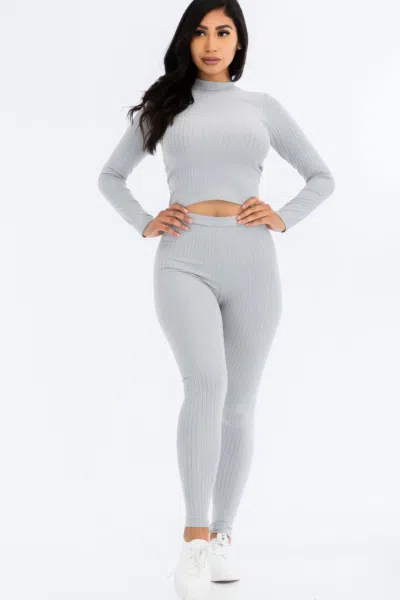 Truedames Women's Ribbed Mock Neck Long Sleeve Top & Leggings Set In Gray