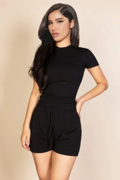 Truedames Women's Ribbed Round Neck Short Sleeve Top In Black