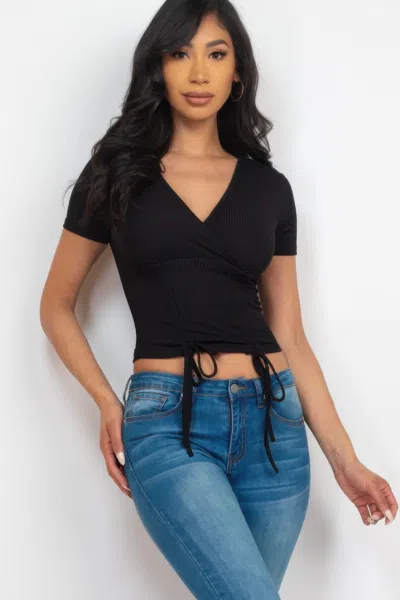 Truedames Women's Ribbed Ruched Drawstring Surplice Top In Black