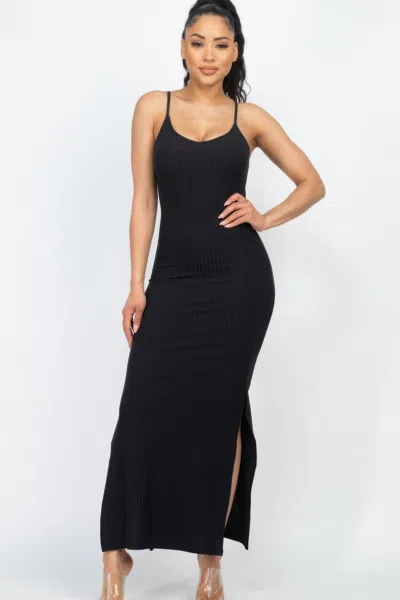 Truedames Women's Ribbed Side Slit Long Cami Dress In Black