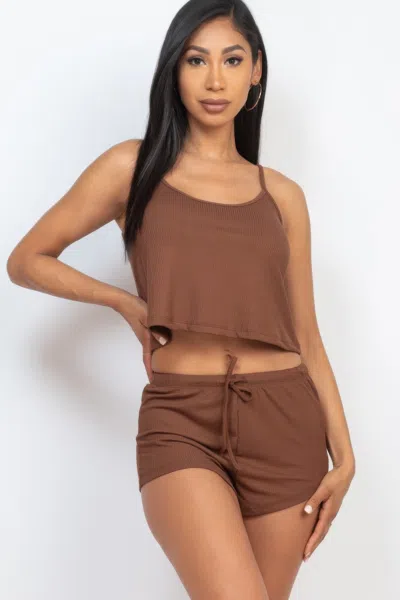 Truedames Women's Ribbed Strappy Top & Shorts Set In Brown