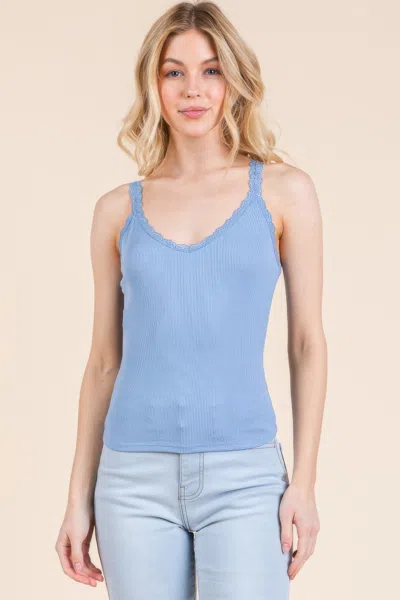 Truedames Women's Ribbed V-neck Lace Trim With Strap Tank Top In Blue