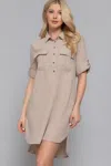 Truedames Women's Roll Up Short Slv Straight Linen Effect Mini Dress In Gray