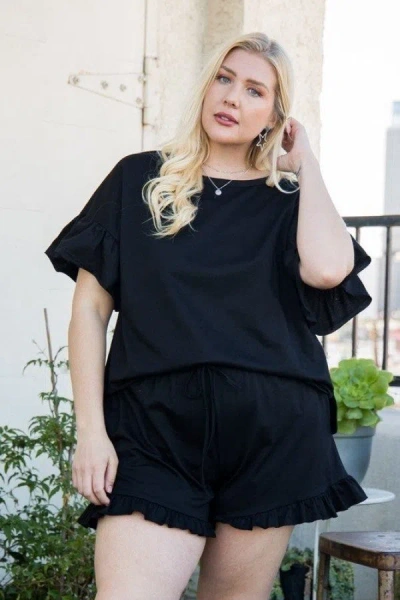 Truedames Women's Round Neck Ruffle Sleeve Side Slit French Terry Top In Black