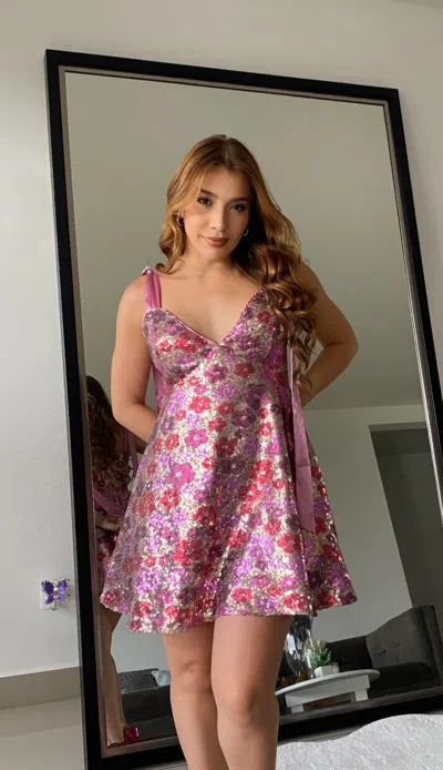 Truedames Women's Sequin Floral Mini Dress Ties On Shoulders In Multi