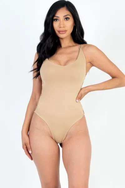 Truedames Women's Sexy Solid Color Crisscross Back V-neck Bodysuit In Beige