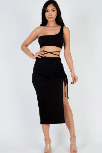 Truedames Women's Sexy Solid Color One Shoulder Crop Top & Drawstring Ruched Crisscross Tie Back Side Slit Hem In Black