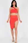 Truedames Women's Sexy Solid One Shoulder Crop Top & Split Thigh Midi Skirt Set In Red