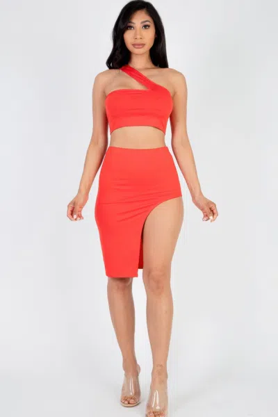 Truedames Women's Sexy Solid One Shoulder Crop Top & Split Thigh Midi Skirt Set In Red