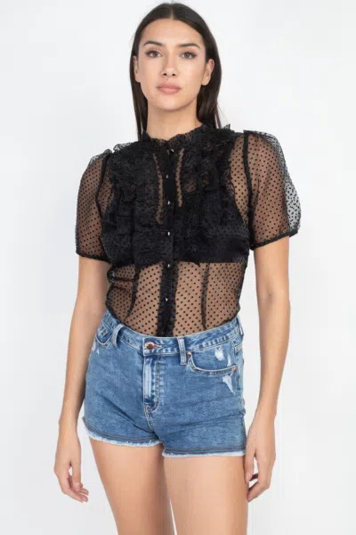 Truedames Women's Sheer Ruffle-trim Dot Top In Black