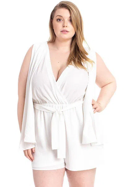 Truedames Women's Shimmer Fabric Draped Open Sleeve Romper In White