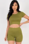 Truedames Women's Short Sleeve Crop Top & Shorts Set In Green
