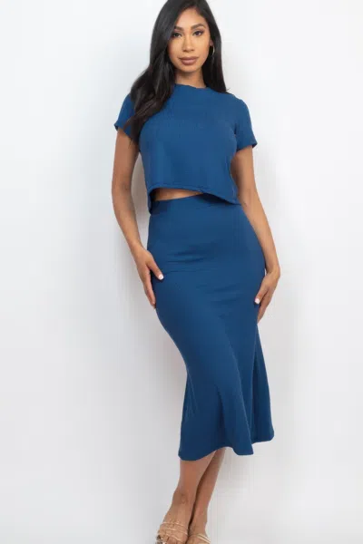 Truedames Women's Short Sleeve Ribbed Top & Midi Skirt Se In Blue
