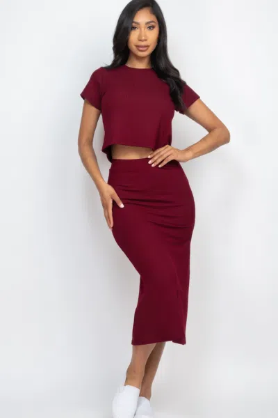 Truedames Women's Short Sleeve Ribbed Top & Midi Skirt Se In Burgundy