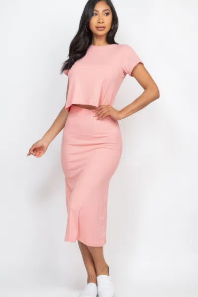 Truedames Women's Short Sleeve Ribbed Top & Midi Skirt Se In Pink