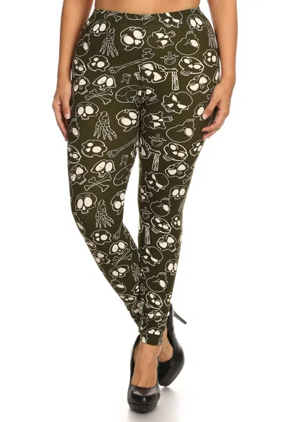 Truedames Women's Skulls And Bones Graphic Printed Knit Legging With Elastic Waist Detail. High Waist Fit. In Green