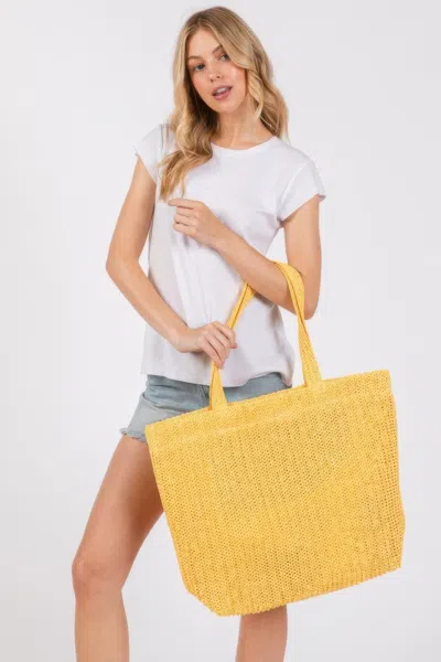 Truedames Women's Solid Crochet Straw Bag In Yellow