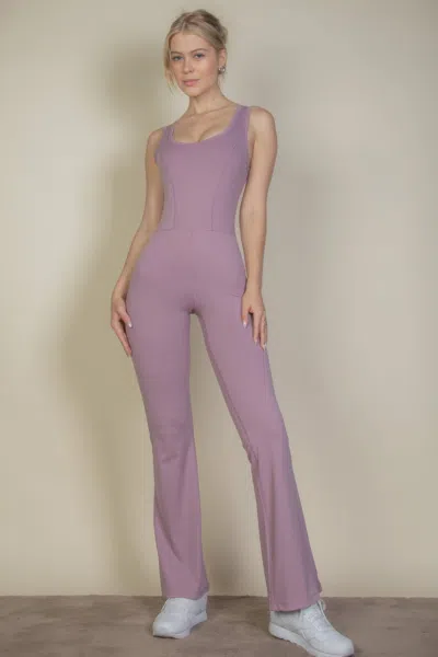 Truedames Women's Solid Flare Leg Sports Jumpsuit In Purple