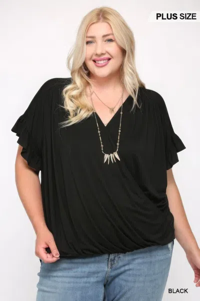 Truedames Women's Solid Viscose Knit Surplice Top With Ruffle Sleeve In Black