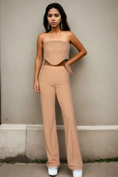 Truedames Women's Strapless Corset Top & Flare Pants Set In Brown