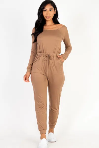 Truedames Women's Tie Waist Long Sleeve Jumpsuit In Brown