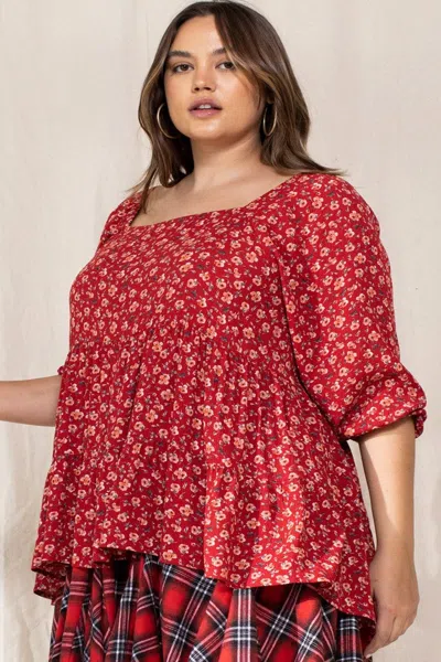 Truedames Women's Tiny Floral Printed Square Neckline Top In Red