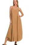 Truedames Woven Arc Hem Cami Dress With Flowy Pockets In Brown