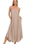 Truedames Woven Arc Hem Cami Dress With Flowy Pockets In Brown