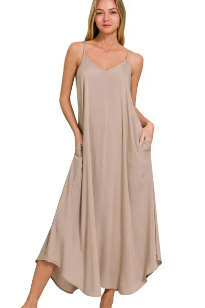 Truedames Woven Arc Hem Cami Dress With Flowy Pockets In Brown