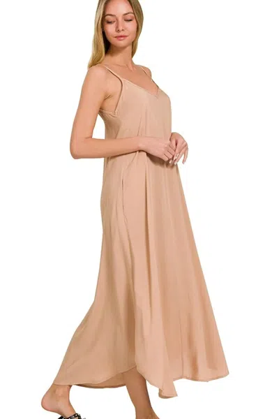 Truedames Woven Arc Hem Cami Dress With Flowy Pockets In Neutral