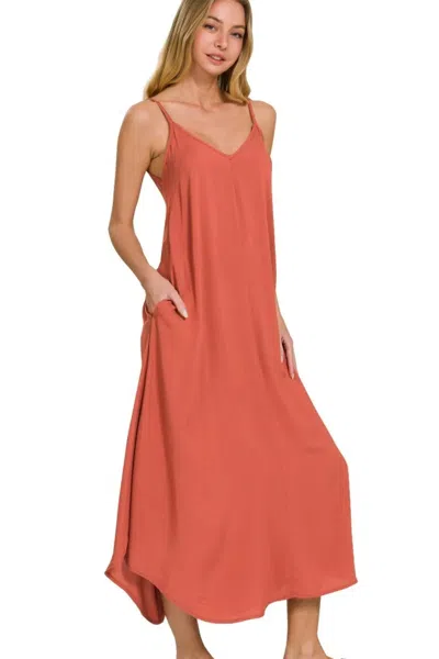 Truedames Woven Arc Hem Cami Midi Dress With Flowy Pockets In Red