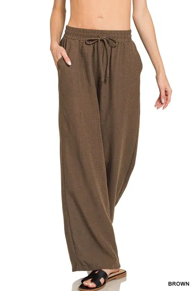 Truedames Woven Crepe Elastic Band Pants In Brown