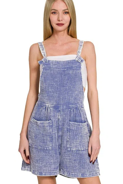 Truedames Woven Double Gauze Acid Washed Romper In Blue