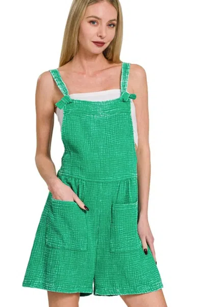 Truedames Woven Double Gauze Acid Washed Romper In Green