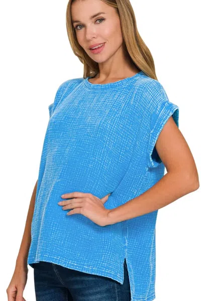 Truedames Woven Double Gauze Acid Washed Short Sleeve Top In Blue