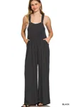 Truedames Woven Rayon Crepe Wide Leg Overalls In Black
