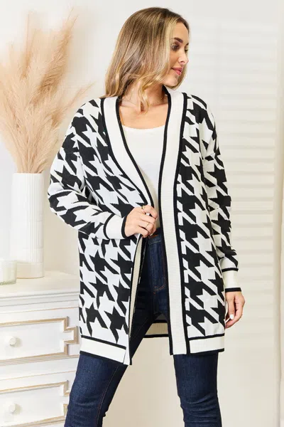Truedames Woven Right Houndstooth Open Front Longline Cardigan In Black