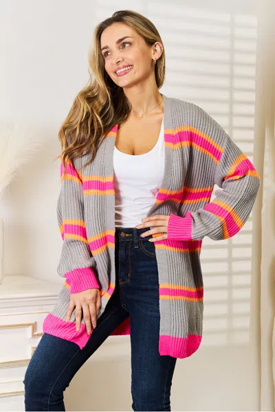 Truedames Woven Right Ribbed Long Sleeve Cardigan In Gray