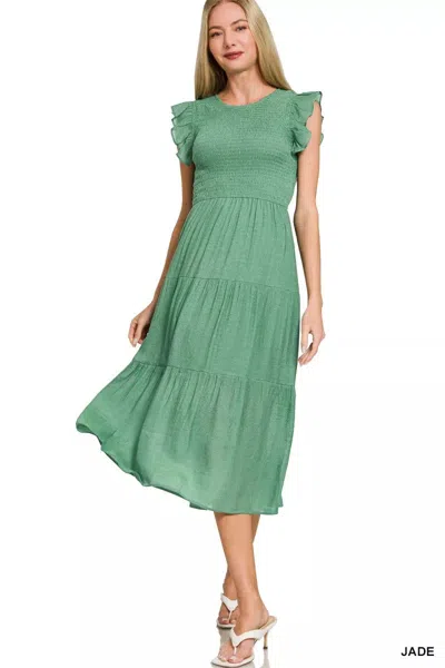 Truedames Woven Smocked Ruffle Sleeve Midi Dress In Green