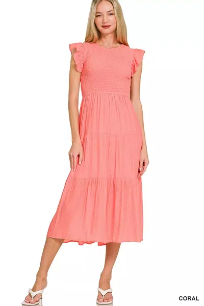 Truedames Woven Smocked Ruffle Sleeve Midi Dress In Pink