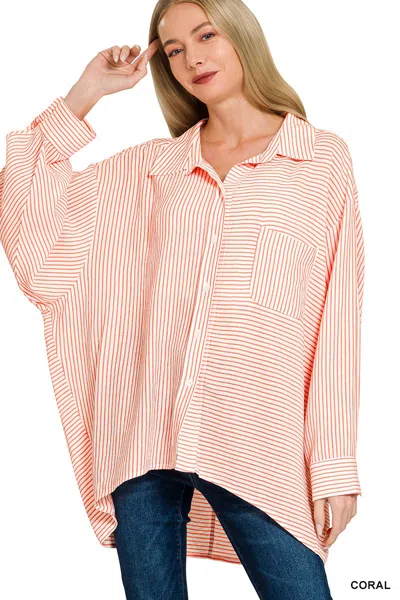 Truedames Woven Stripe Button Down Shirt In Pink