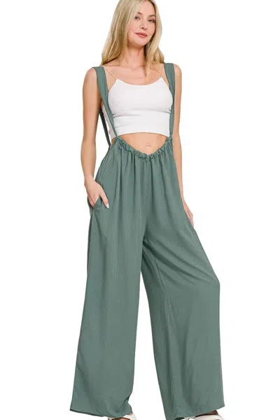 Truedames Woven Tie Back Suspender Jumpsuit In Green