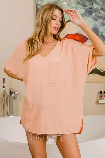 Truedames Woven V Neck Hi-low Boxy Top With Front Pocket In Pink