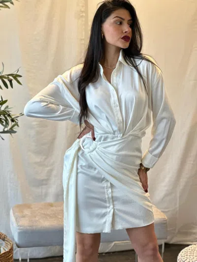 Truedames Wrap Satin Long Sleeve Button Down Mini Dress In White