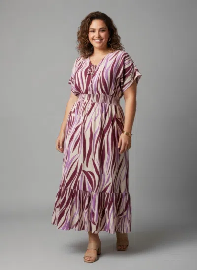 Truedames Zebra Print Smocked Waist Tiered Midi Dress In Purple