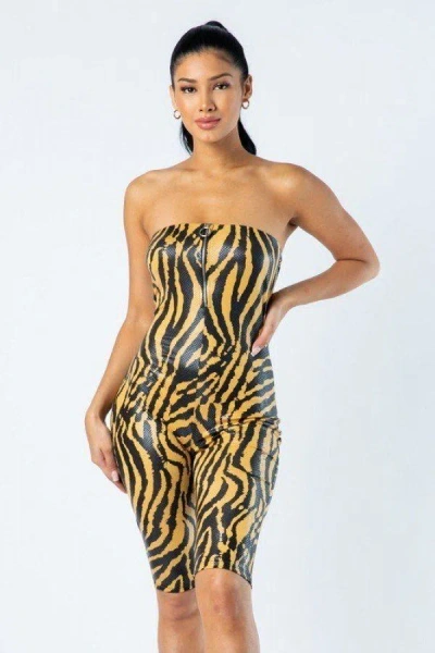 Truedames Zebra Print Tube Romper With Front O Ring Zipper Detail In Multi